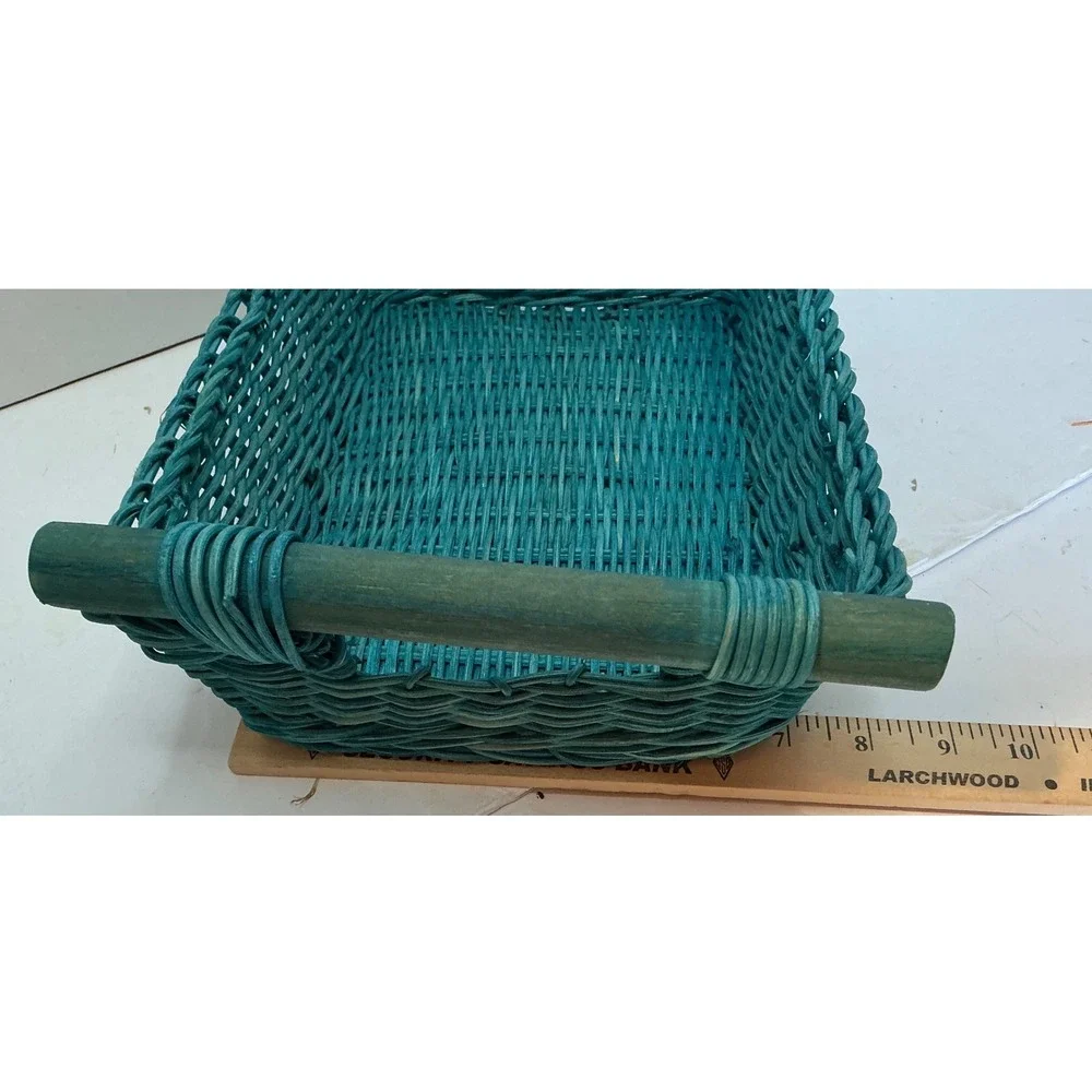 Vintage Wicker Basket Teal Woven Wood Handles 11x8 Cottagecore